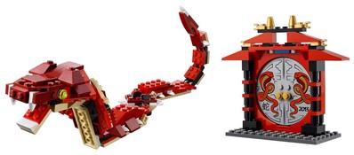 套裝可以拼搭出“蛇”和帶有蛇形圖案的傳統中式拱門，盡顯樂高的中國元素